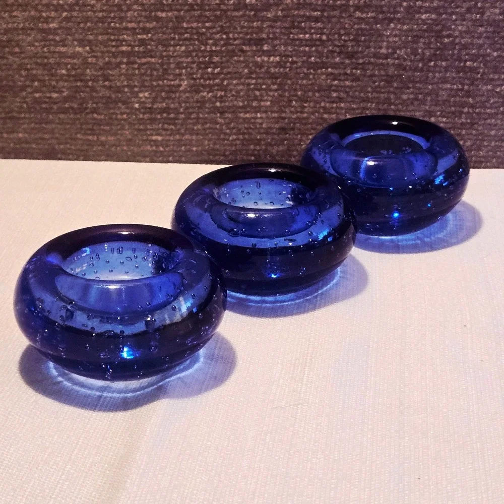 3 IKEA Blue Art Glass Controlled Bubble Paperweight Tea‎ light Candle Holder Set